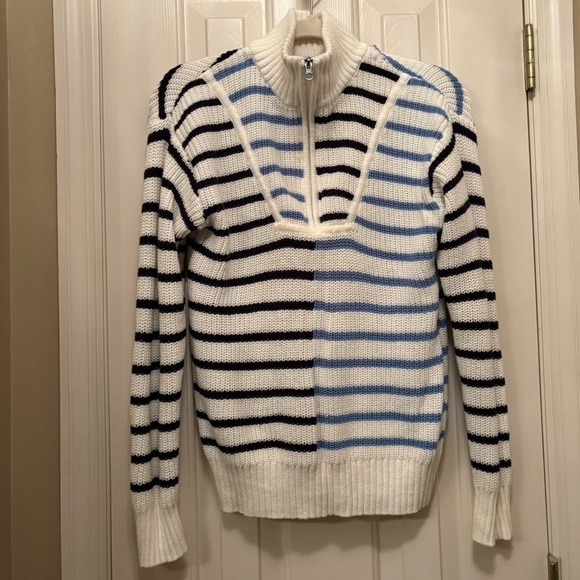 Time and Tru Sweaters - Time and Tru Women's Cowl Neck Sweater - Black, White, and Blue Stripes